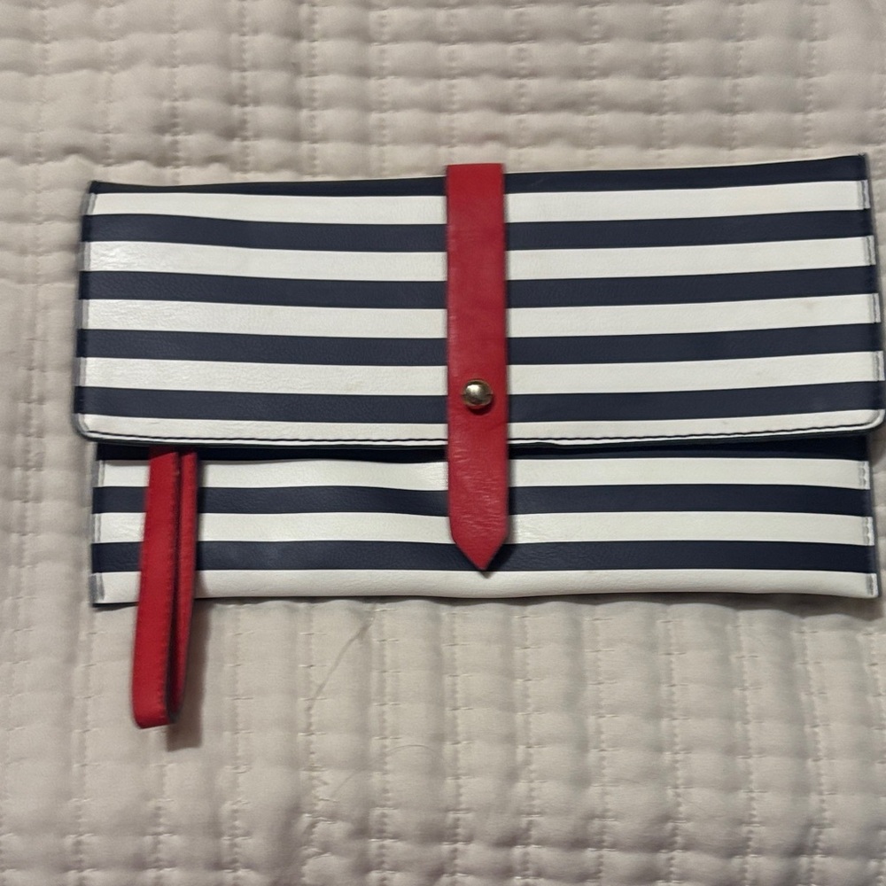 Striped Navy & White Clutch with Red Accents